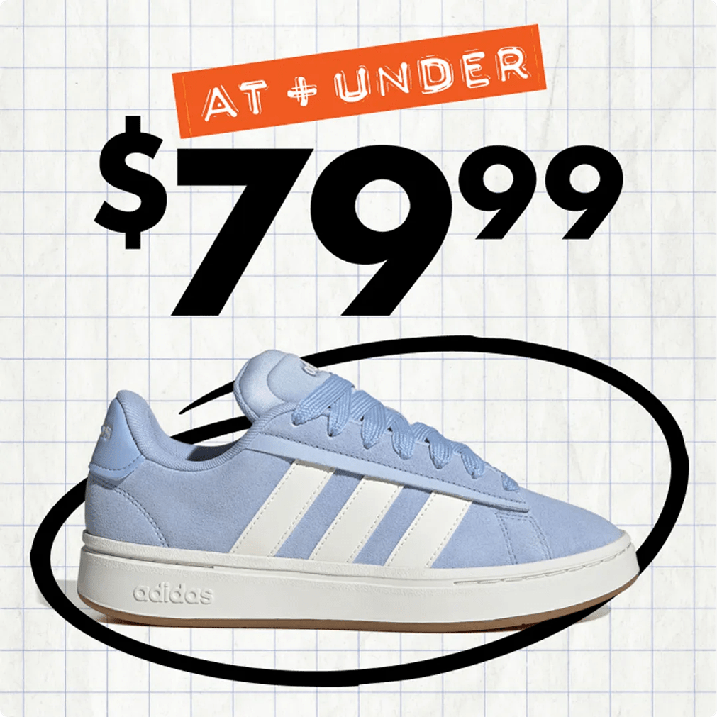 Featuring a light blue adidas court sneaker from DSW.