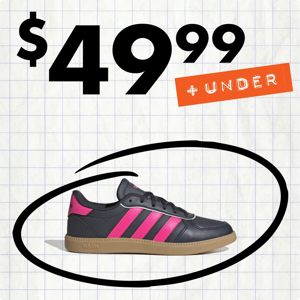 Featuring a Kids' adidas sneaker on a back to school background