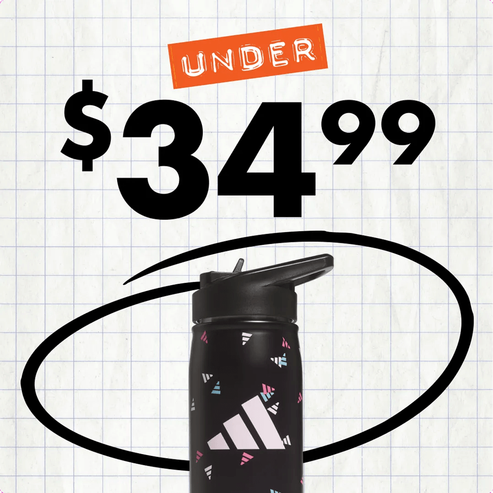 Featuring an adidas water bottle on a back to school background