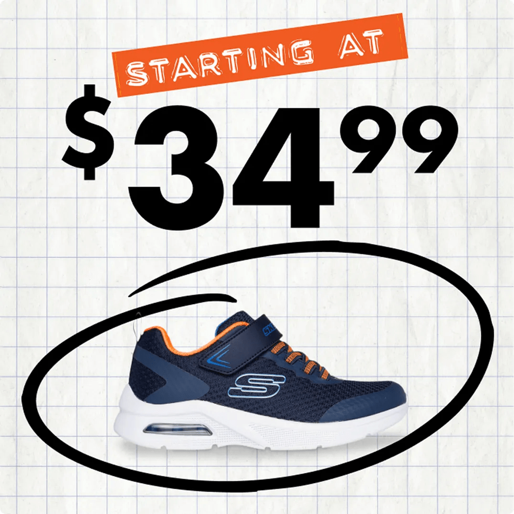 Featuring a kids' blue Skechers running shoe.