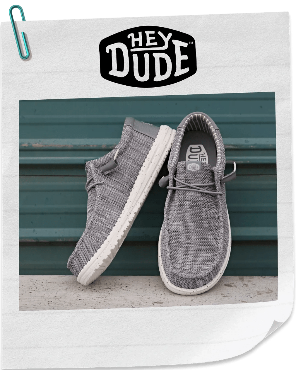 Featuring a pair of grey men's HeyDude's