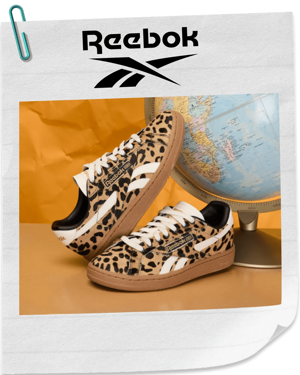 Featuring a pair of cheetah print Reebok Sneakers