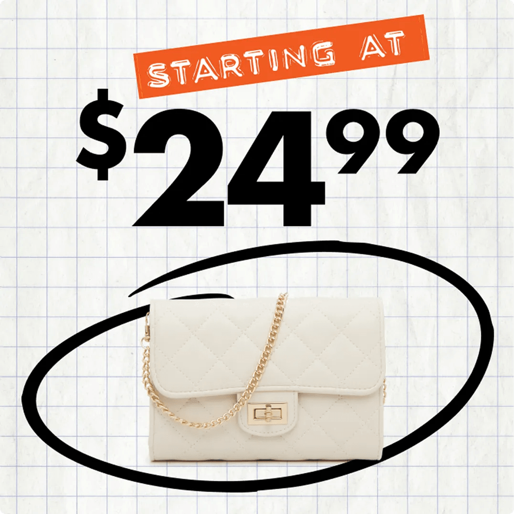 Featuring a white purse with a gold chain.