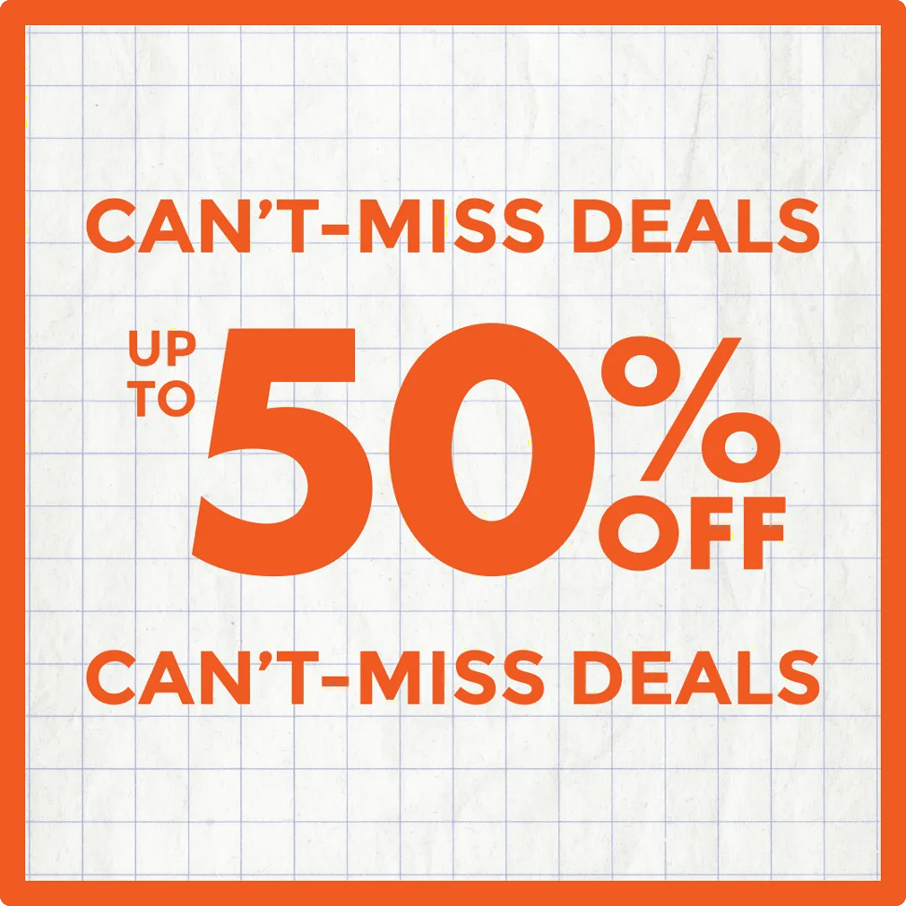 Featuring Can't Miss Deals text on a back to school background.