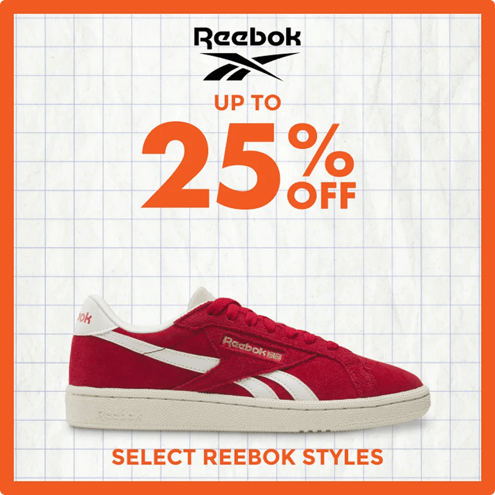 Featuring a red women's reebok sneaker.